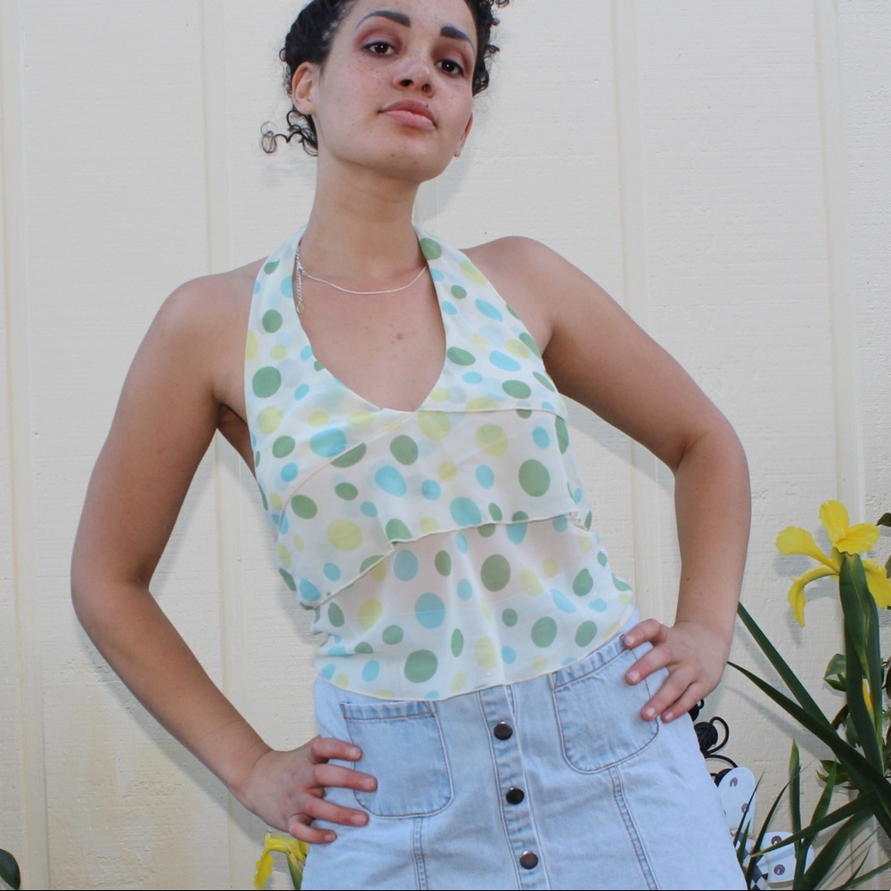 2000s Green + Yellow Polka Dot Crop Halter Top 🐠